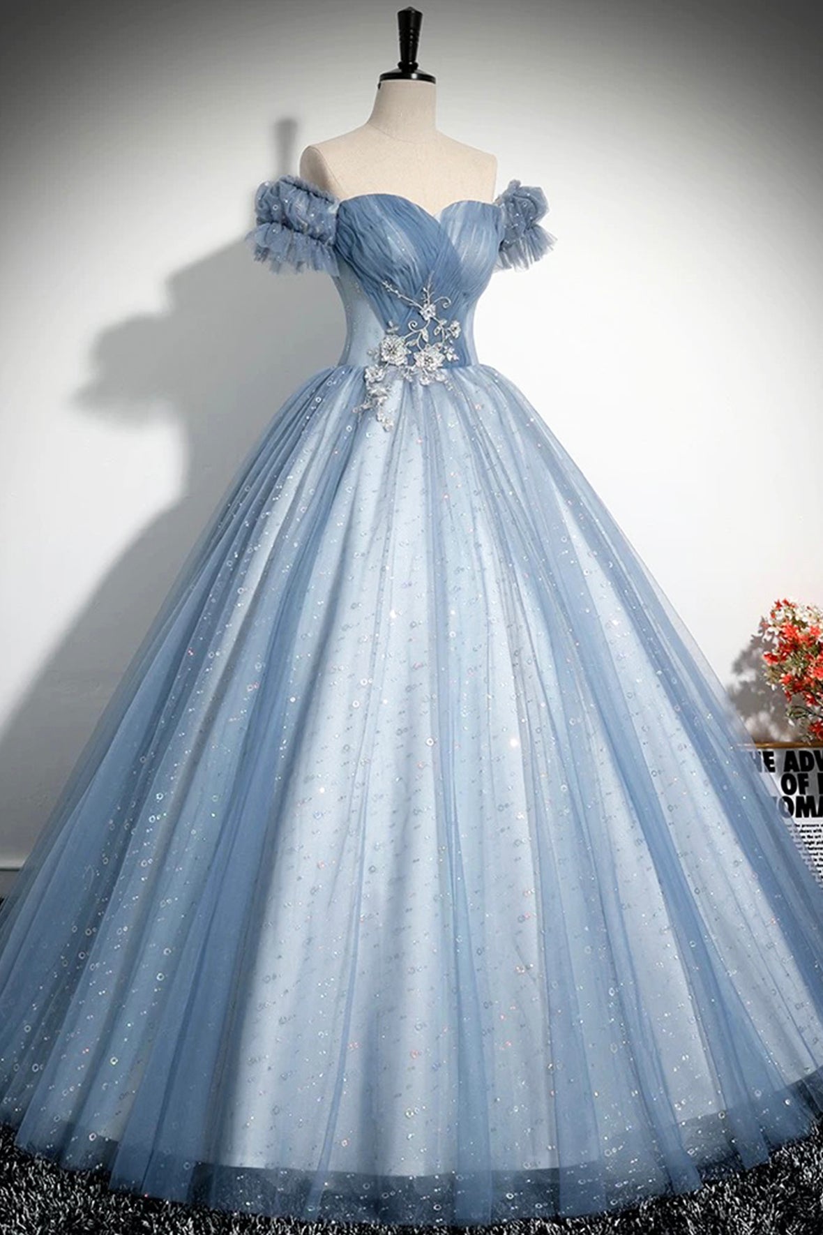 Blue Tulle Floor Length Prom Dress, Beautiful A-Line Evening Party Dress