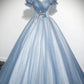 Blue Tulle Floor Length Prom Dress, Beautiful A-Line Evening Party Dress