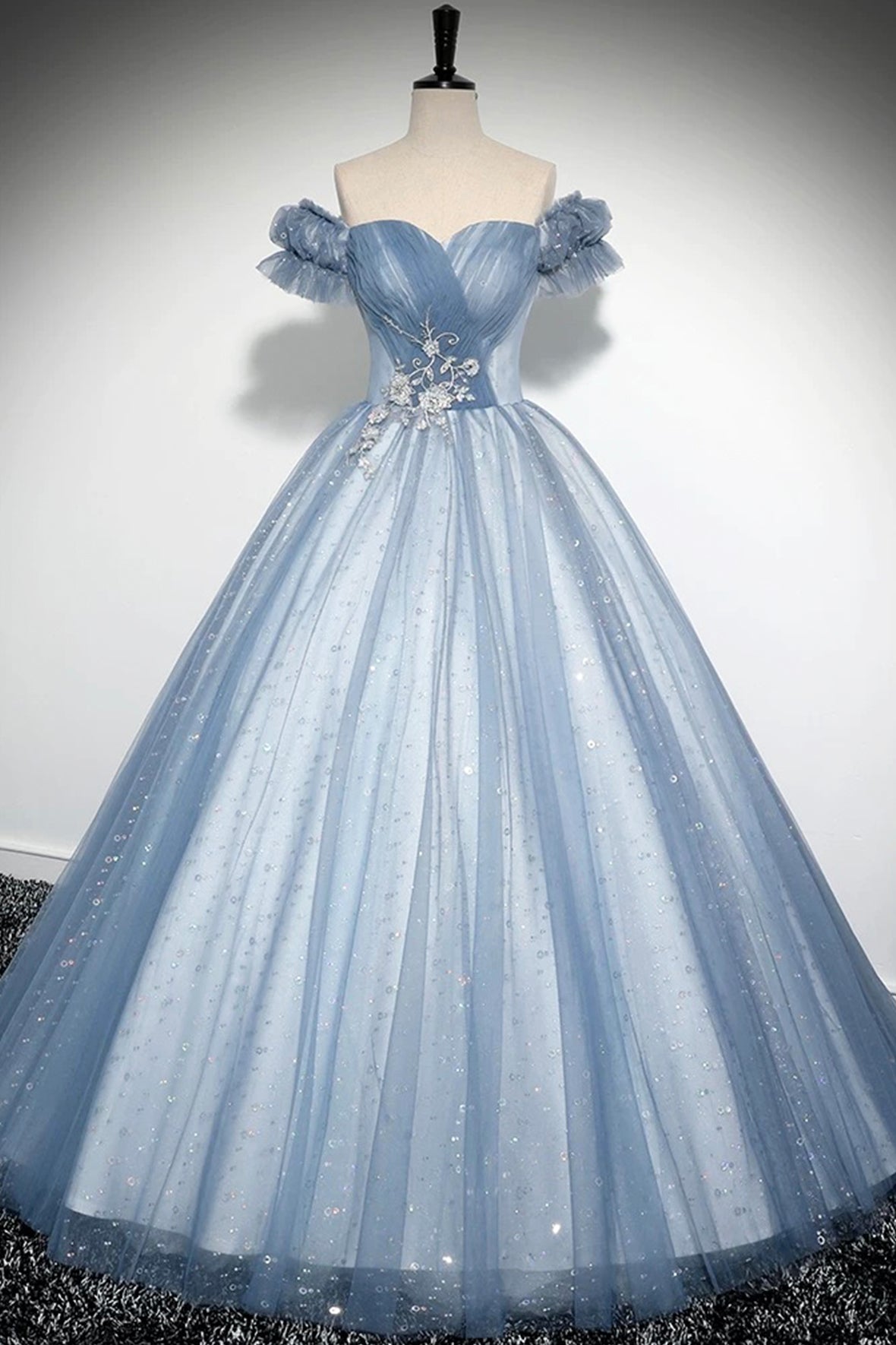 Blue Tulle Floor Length Prom Dress, Beautiful A-Line Evening Party Dress