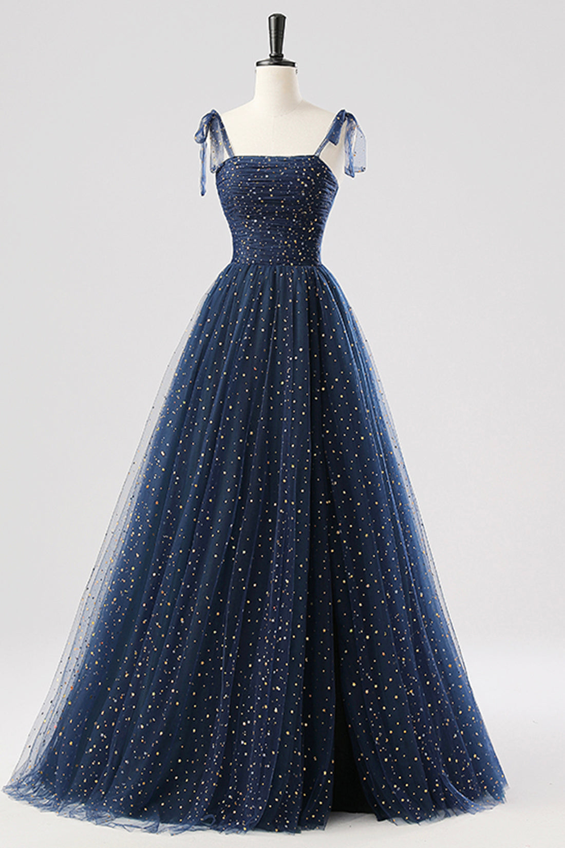 Blue Spaghetti Strap Tulle Long Prom Dress, Beautiful A-Line Party Dre ...