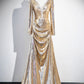 Gold Sequins V-Neck Prom Dress, Elegant Long Sleeve Evening Party Dress