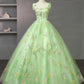 Green Floral Tulle Long Prom Dress, Beautiful Spaghetti Strap Evening Party Dress