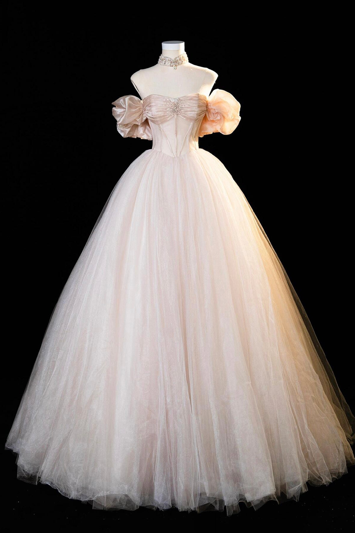 Champagne Tulle Long Prom Dress, Beautiful Off the Shoulder Evening Pa ...