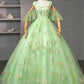 Green Floral Tulle Long Prom Dress, Beautiful Spaghetti Strap Evening Party Dress