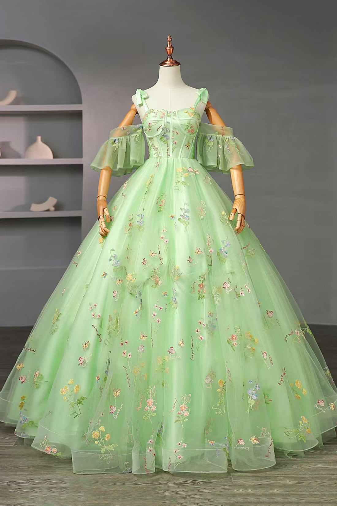 Green Floral Tulle Long Prom Dress, Beautiful Spaghetti Strap Evening Party Dress