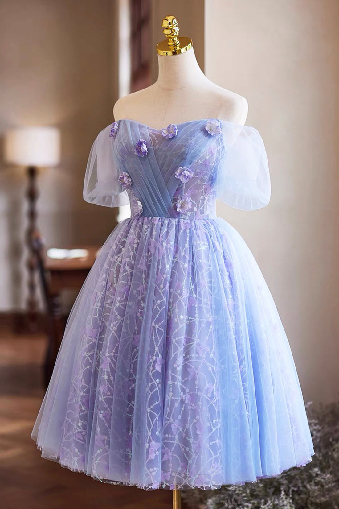 Lilac Tulle Sequins Short Prom Dress, Beautiful A-Line Evening Party Dress