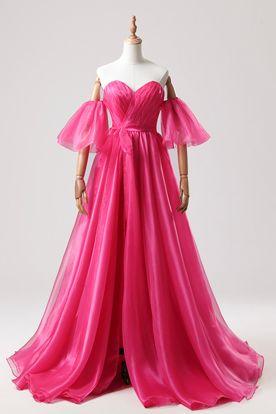 Hot Pink Tulle Long Prom Dress, A-Line Sweetheart Neck Evening Dress with Slit