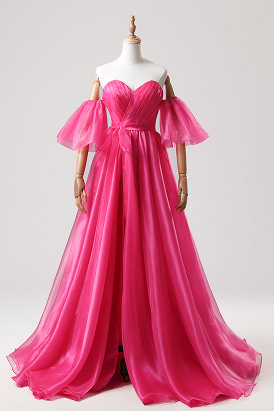 Hot Pink Tulle Long Prom Dress, A-Line Sweetheart Neck Evening Dress with Slit