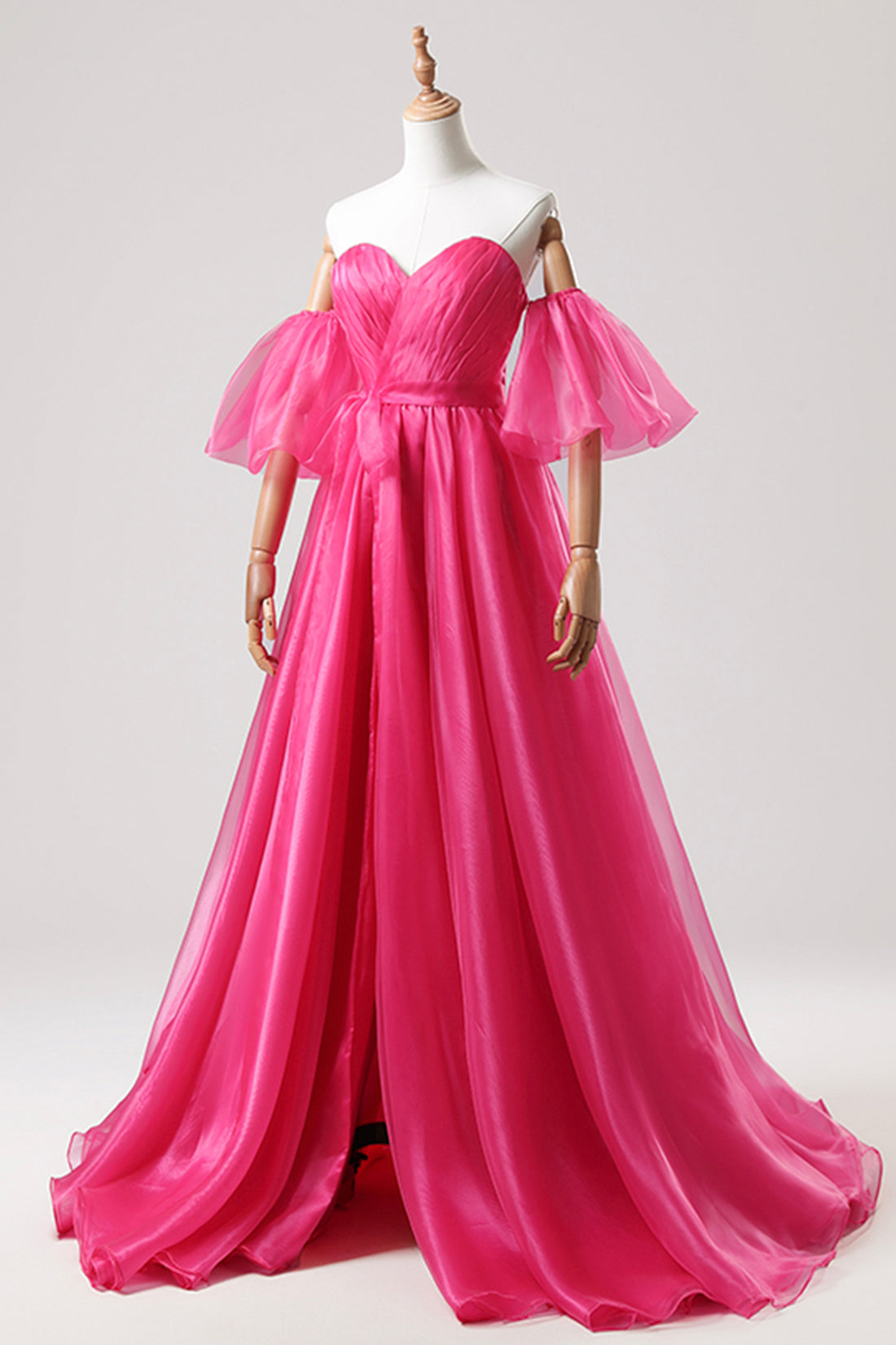 Hot Pink Tulle Long Prom Dress, A-Line Sweetheart Neck Evening Dress with Slit