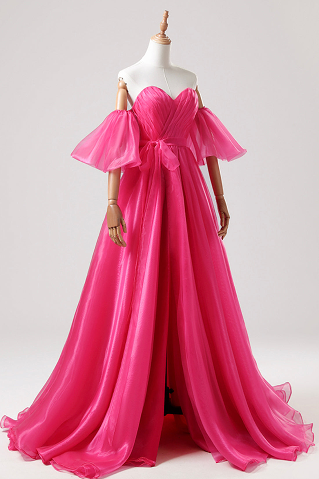 Hot Pink Tulle Long Prom Dress, A-Line Sweetheart Neck Evening Dress with Slit