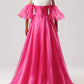 Hot Pink Tulle Long Prom Dress, A-Line Sweetheart Neck Evening Dress with Slit