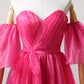 Hot Pink Tulle Long Prom Dress, A-Line Sweetheart Neck Evening Dress with Slit