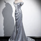 Silver Sequins Floor Length Prom Dress, Mermaid Off the Shoulder Party Dress