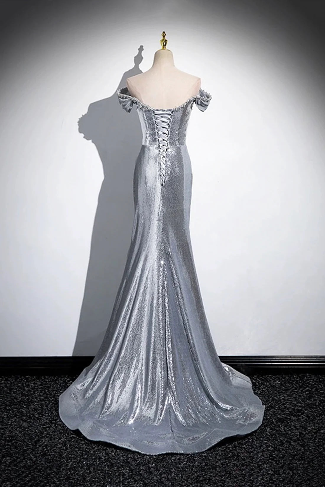 Silver Sequins Floor Length Prom Dress, Mermaid Off the Shoulder Party Dress