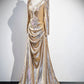 Gold Sequins V-Neck Prom Dress, Elegant Long Sleeve Evening Party Dress