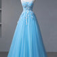 Blue Spaghetti Strap Tulle Floor Length Prom Dress, A-Line Evening Party Dress