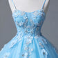 Blue Spaghetti Strap Tulle Floor Length Prom Dress, A-Line Evening Party Dress