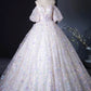 A-Line Floral Tulle Pearl Sequins Prom Dress, Beautiful Puffy Short Sleeve Evening Party Dress