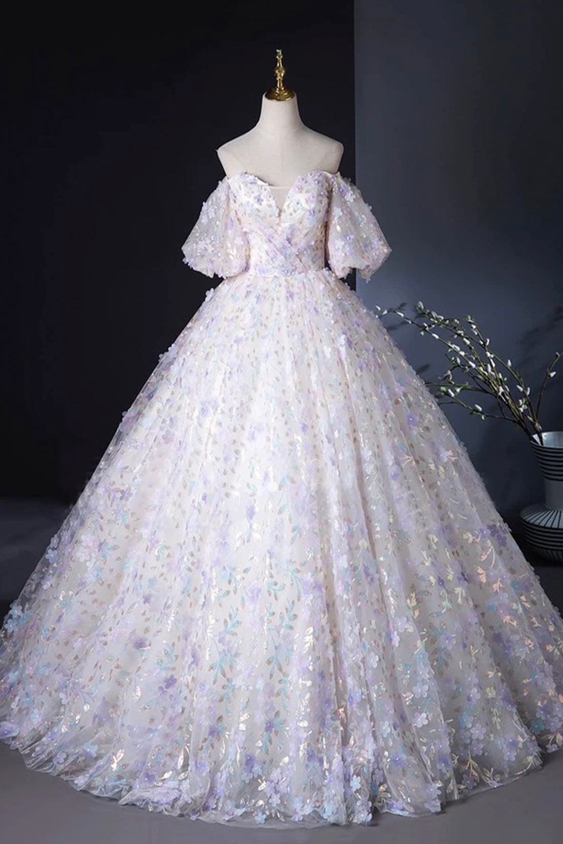 A-Line Floral Tulle Pearl Sequins Prom Dress, Beautiful Puffy Short Sleeve Evening Party Dress