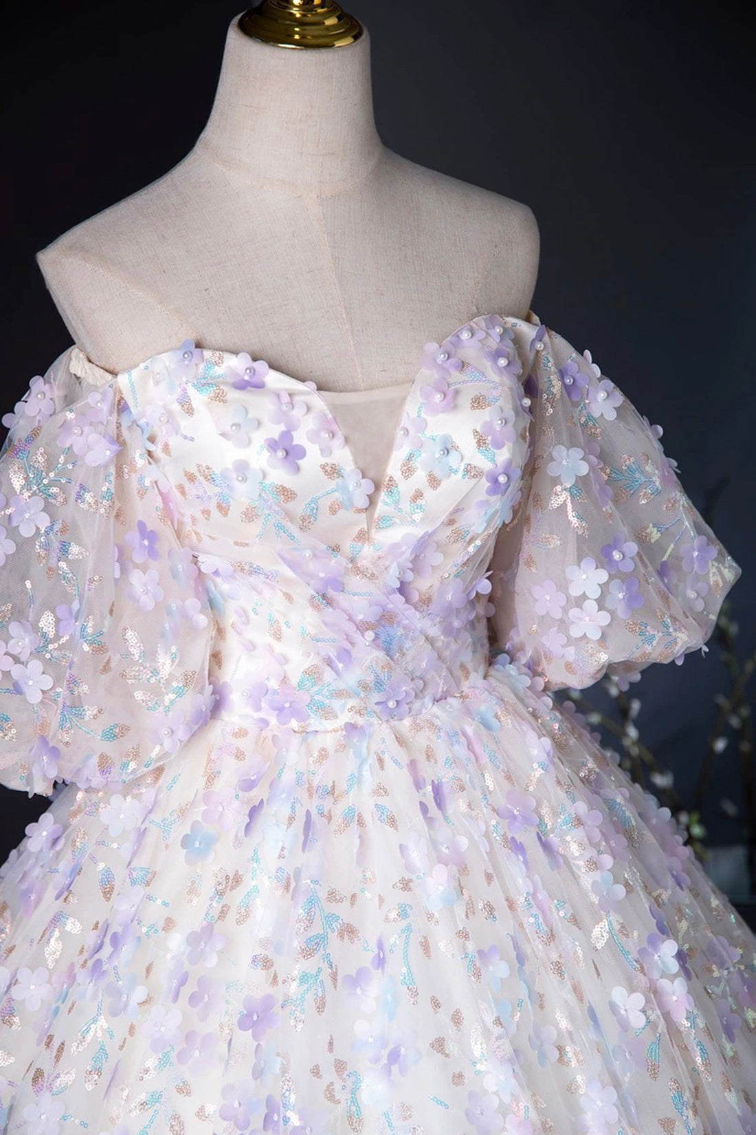 A-Line Floral Tulle Pearl Sequins Prom Dress, Beautiful Puffy Short Sleeve Evening Party Dress