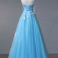 Blue Spaghetti Strap Tulle Floor Length Prom Dress, A-Line Evening Party Dress