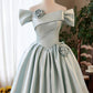 Cute A-Line Satin Short Prom Dress, Gray Green Off the Shoulder Party Dress