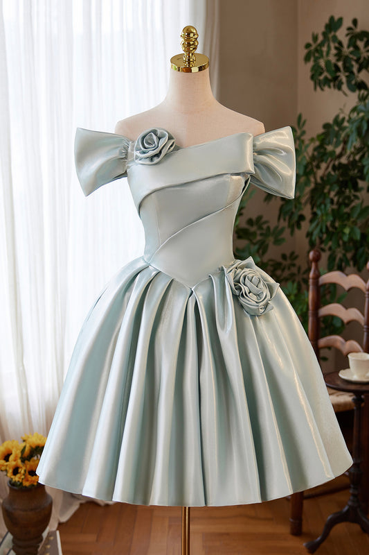 Cute A-Line Satin Short Prom Dress, Gray Green Off the Shoulder Party Dress