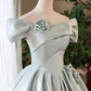 Cute A-Line Satin Short Prom Dress, Gray Green Off the Shoulder Party Dress