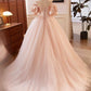Blushing Pink Off the Shoulder Puffy Short Sleeve Backless Floor-Length Party Dresses with Corset