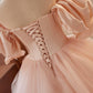 Blushing Pink Off the Shoulder Puffy Short Sleeve Backless Floor-Length Party Dresses with Corset