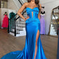 Blue Strapless Long Prom Dress, Mermaid Satin Evening Dress with Slit