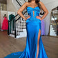 Blue Strapless Long Prom Dress, Mermaid Satin Evening Dress with Slit