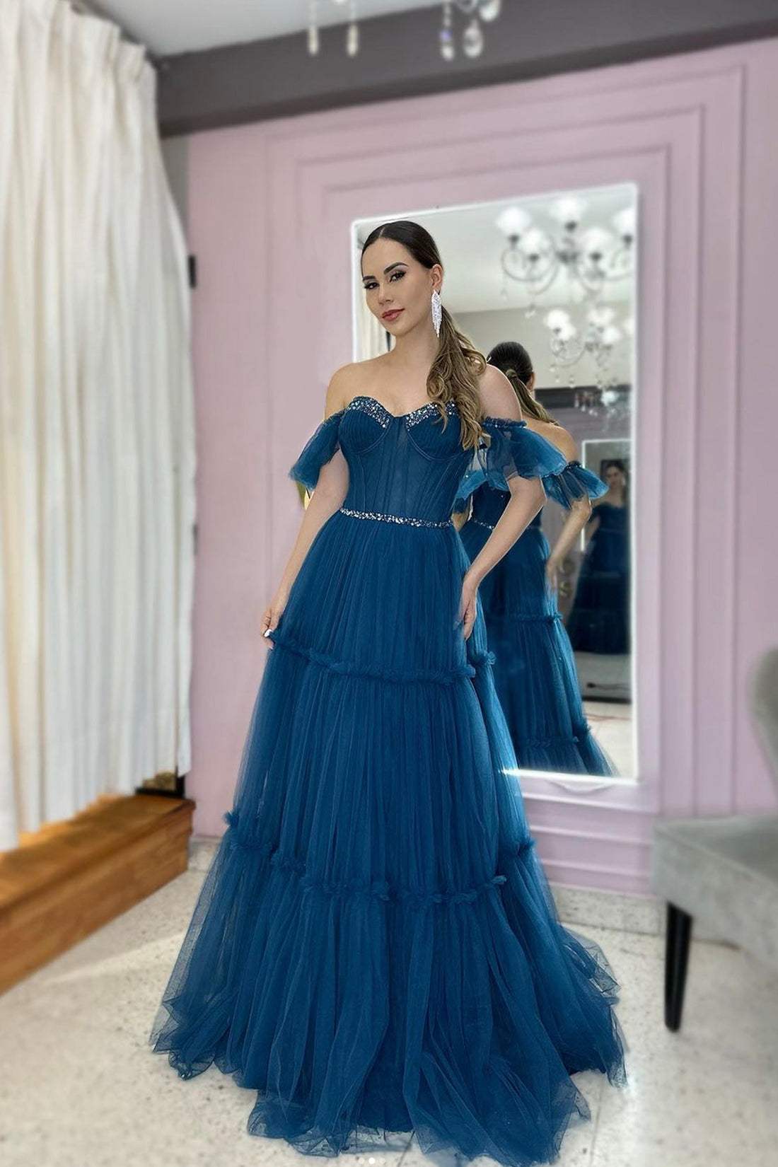 Blue Tulle Beaded Long Prom Dress, Blue Strapless A-Line Sweetheart Evening Dress