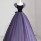 Beautiful Velvet Tulle Long Prom Dresses, Purple Short Sleeve Evening Dresses