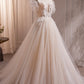 Light Champagne Tulle Long Prom Dress with Feather, Beautiful Evening Party Dress