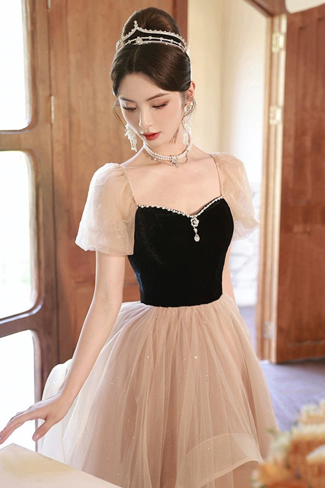 Black Velvet and Champagne Tulle Long Prom Dress