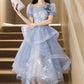 Blue Tulle Lace Knee Length Party Dress, Cute A-Line Short Sleeve Evening Prom Dress