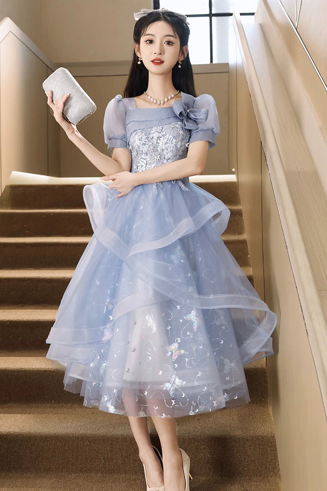 Blue Tulle Lace Knee Length Party Dress, Cute A-Line Short Sleeve Even – girlideas