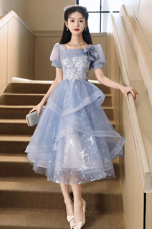 Blue Tulle Lace Knee Length Party Dress, Cute A-Line Short Sleeve Evening Prom Dress