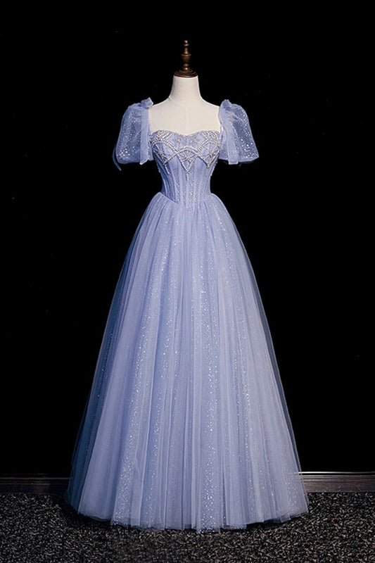 Blue Tulle Beaded Floor Length A-Line Prom Dress