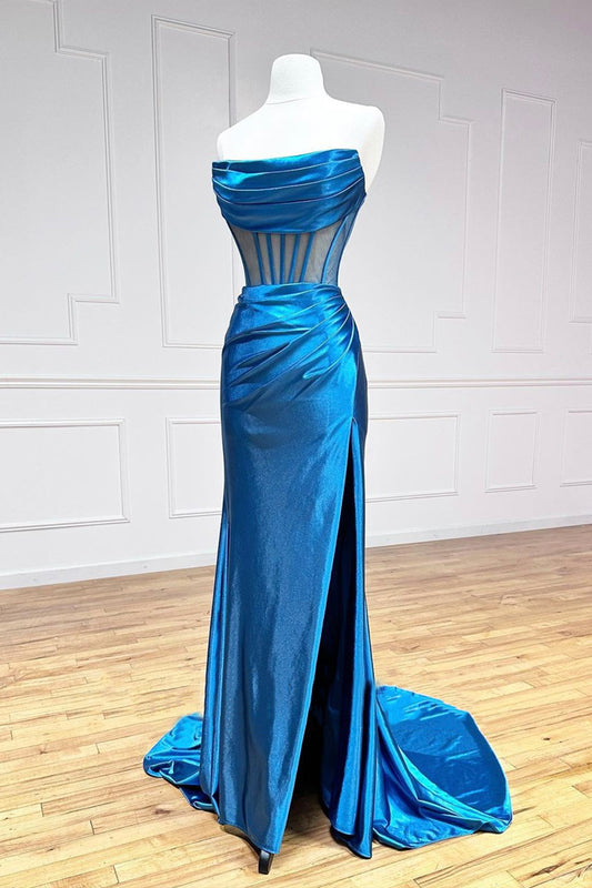 Blue Strapless Pleated Long Prom Dress, Blue Satin Evening Party Dress