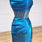 Blue Strapless Pleated Long Prom Dress, Blue Satin Evening Party Dress