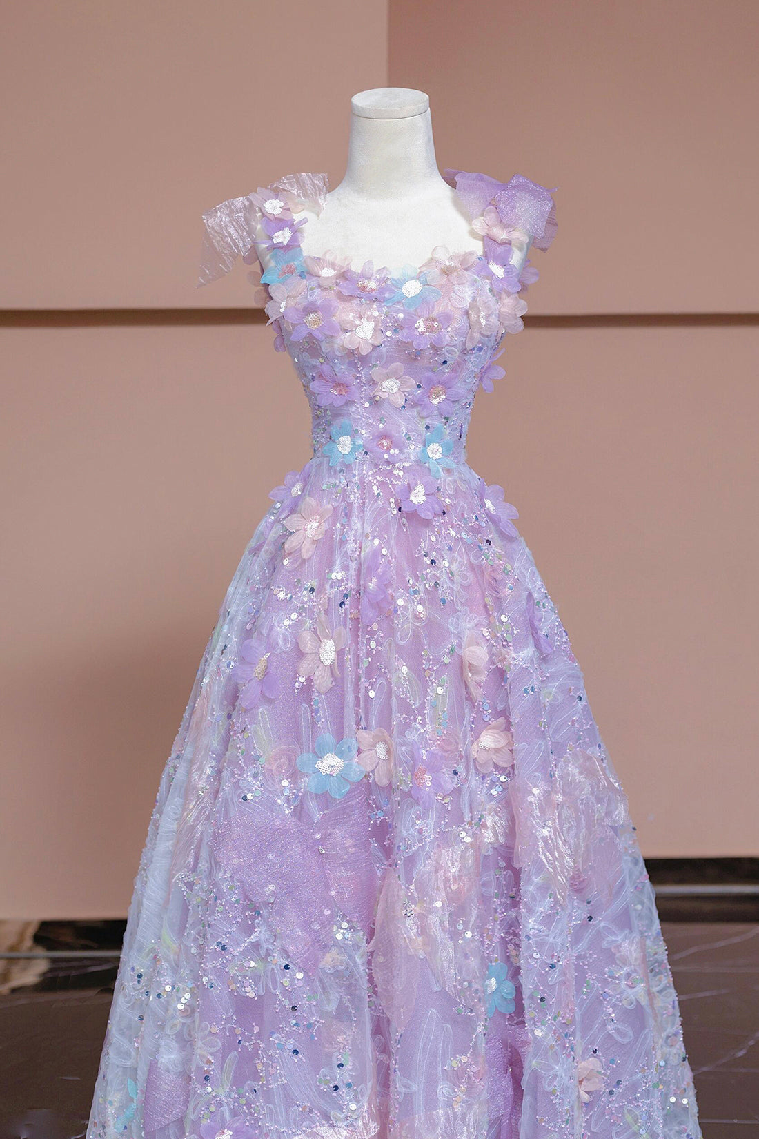 Purple Tulle Flowers Long Prom Dress, A-LineEvening Party Dress