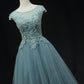 Blue Scoop Neckline Tulle Lace Long Prom Dress, A-Line Evening Party Dress