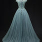 Blue Scoop Neckline Tulle Lace Long Prom Dress, A-Line Evening Party Dress