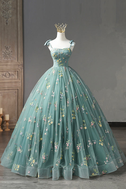 Green Floral Tulle Long Prom Dress, Off Shoulder Evening Party Dress