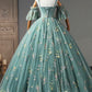 Green Floral Tulle Long Prom Dress, Off Shoulder Evening Party Dress
