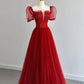 Dark Red Tulle Sequins Long Prom Dress, A-Line Short Sleeve Evening Party Dress