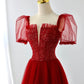 Dark Red Tulle Sequins Long Prom Dress, A-Line Short Sleeve Evening Party Dress