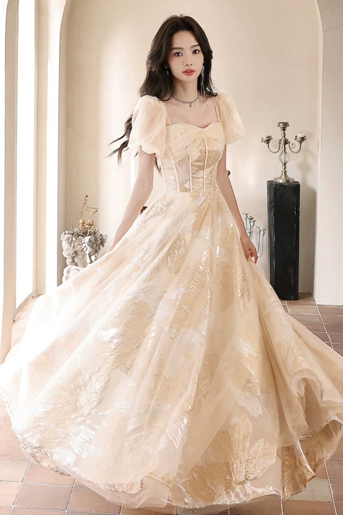 Champagne Tulle Long Prom Dress, Beautiful A-Line Evening Party Dress
